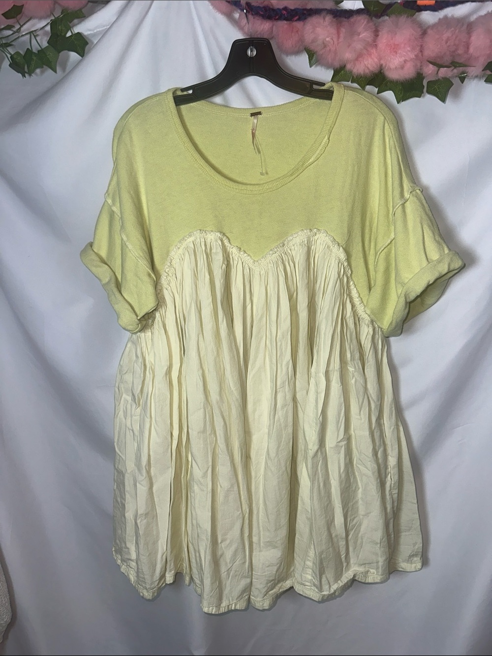 Free People Two-Tone Pale Yellow and Cream Short Sleeve Tunic